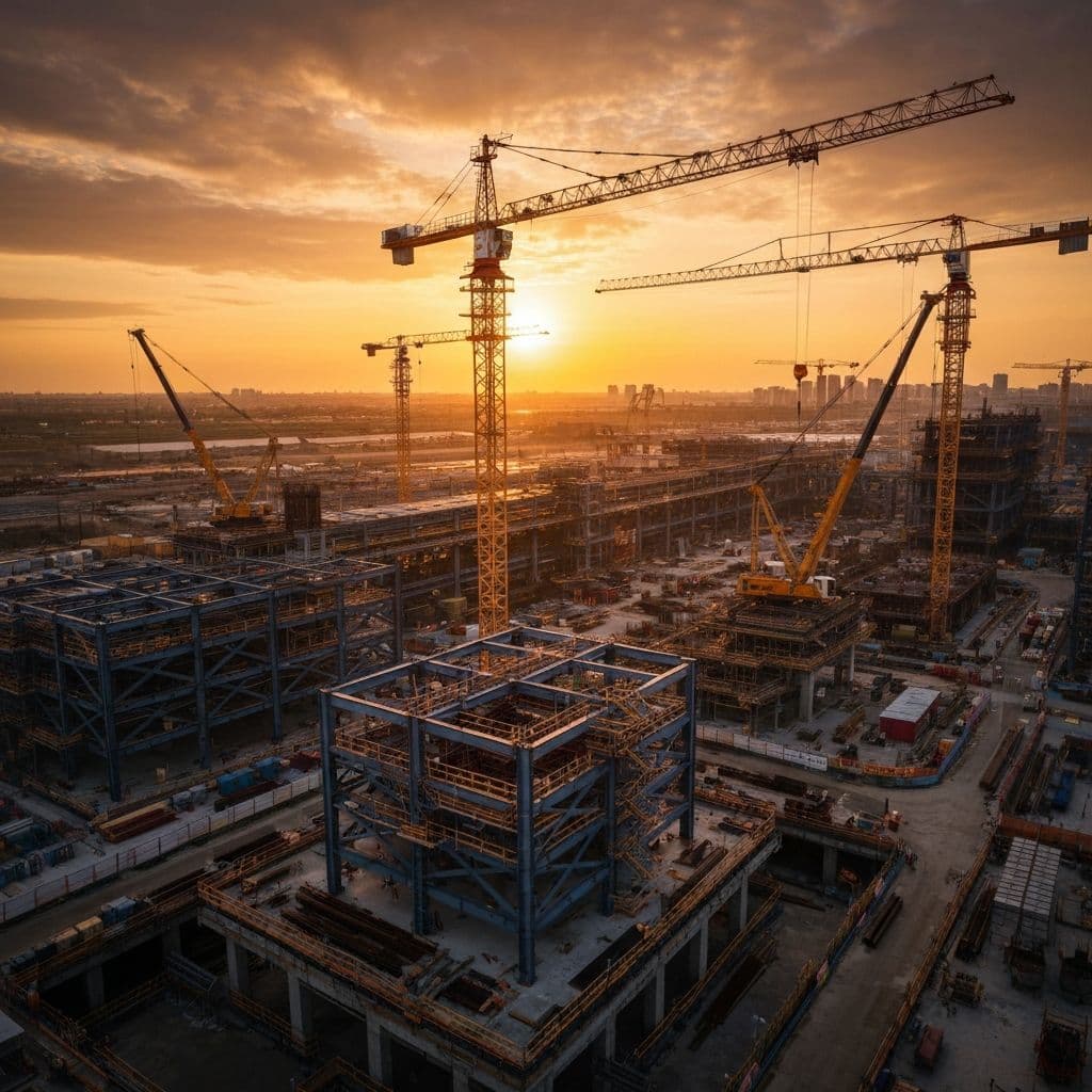 Industrial construction project at golden hour